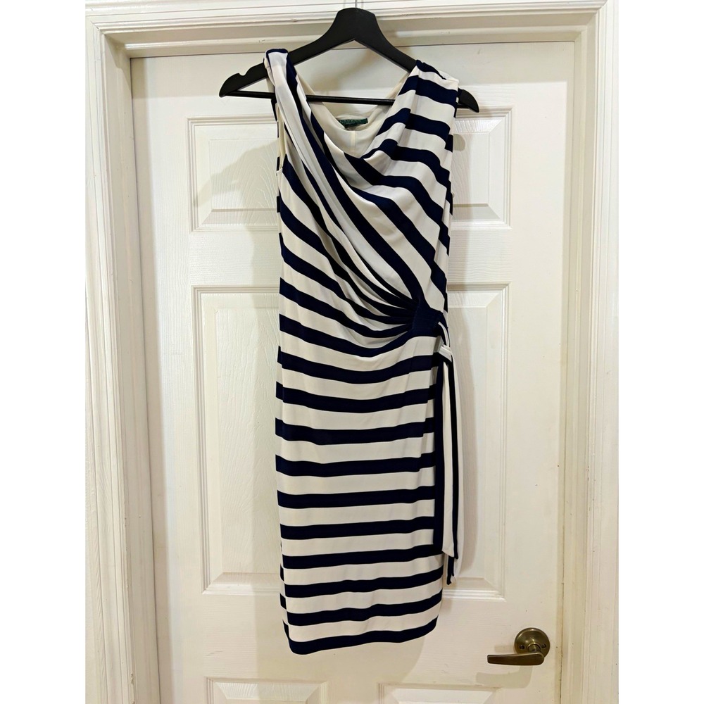 Lauren Ralph Lauren Navy White Striped Cowl Neck Sheath Tie Dress Size 6